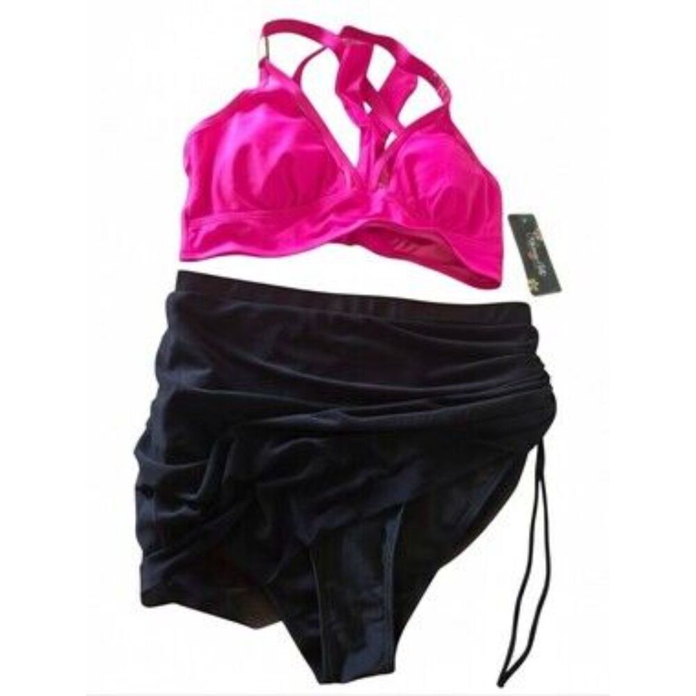 Blooming Jelly Women's 2-Piece Halter Bikini Top High-Waist Bottom Pink Black S